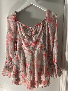 Smoke Pink Floral Long Sleeve Ruffle Romper Cottagecore Coquette - Size Medium